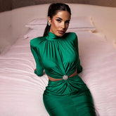 Half High Collar Long Sleeves Stitching Backless Pleated Dress Winter